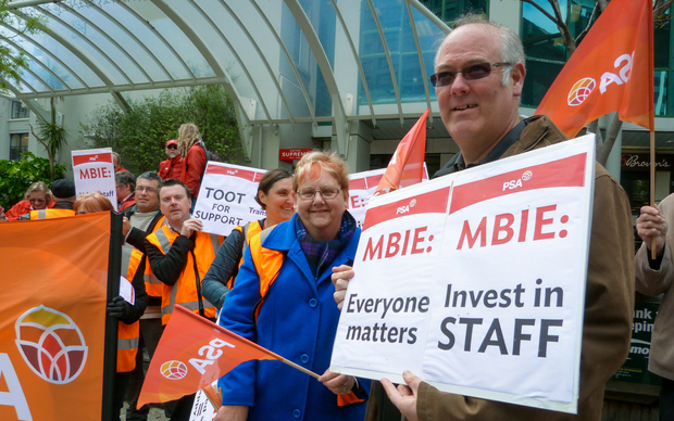Striking MBIE staff protest in Wellington.