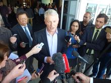 Phil Goff talking to media after confirming he would run for the Auckland mayoralty.