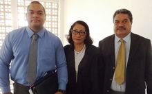 Pesta Vaifou Tevaga, (far right), his lawyer Leulua'ialii Olinda Woodroffe and his son, (far left). Samoa