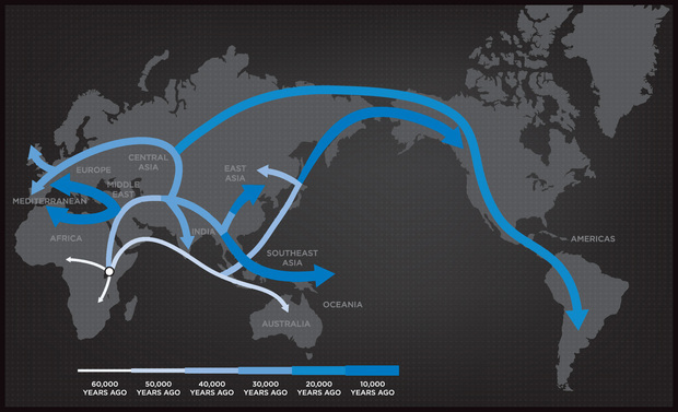This map shows the migration routes out of Africa. New Zealand was the last major landmass to be settled as part of the migration that fanned out across the Pacific.