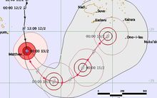 A map showing the projected path of Cyclone Winston towards Fiji and Tonga. 