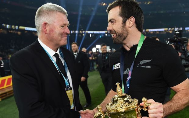 NZ Rugby chief executive Steve Tew and Conrad Smith after the All Blacks World Cup win last year.