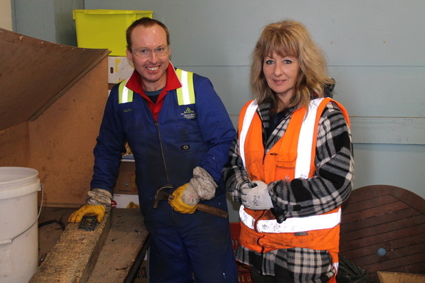 A photo of e-scrap worker Michael Casey and supervisor May Frewen