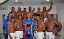 Samoa in the changing rooms after winning the Paris Sevens.