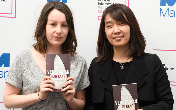 Korean author Han Kang (r) and translator Deborah Smith