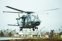 A Royal New Zeland Air Force helicopter landing in Fiji during the cyclone that hit in March.