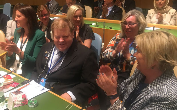 Robert Martin with Nicky Wagner and the New Zealand delegation after the announcement of the election results at the United Nations.