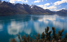Scenic view of Lake Wakatipu with Southern Alps in background near Queenstown, South Island, New Zealand.