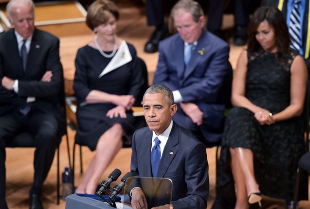 US President Barack Obama speaks during an interfaith memorial service for the victims of the Dallas police shooting.