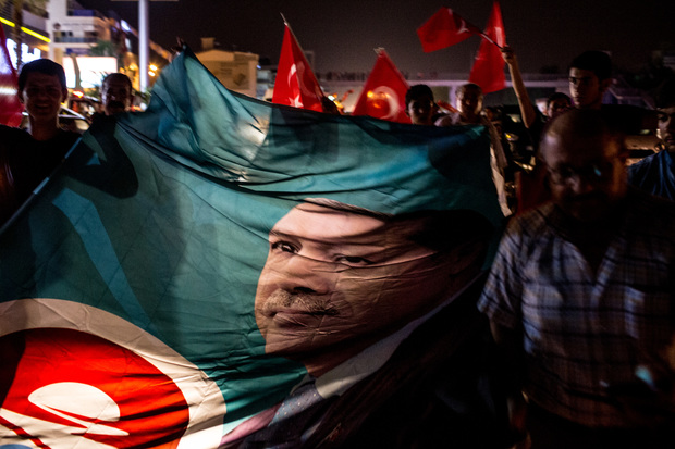 People take to the street in support of President Recep Tayyip Erdogan July 16, 2016 in Antalya, Turkey.