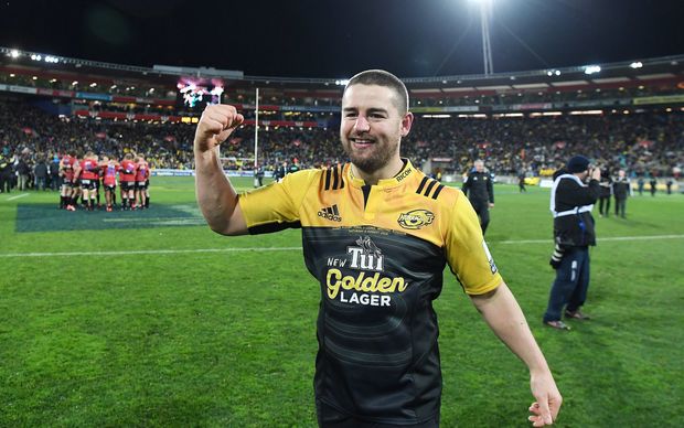 Dane Coles celebrates the Hurricanes' Super Rugby final win over the Lions at Westpac Stadium in Wellington.