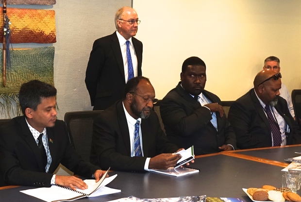Seated second from left: Vanuatu's prime minister Charlot Salwai visits NIWA in Wellington, New Zealand. 10-08-2016