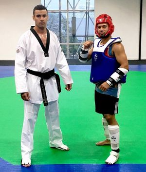 Tonga's Pita Taufatofua and coach Master Paula Sitapa training in Rio.