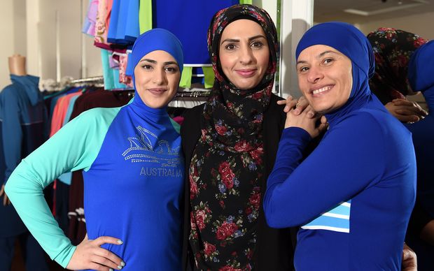 Muslim models display burkini swimsuits at a shop in western Sydney 