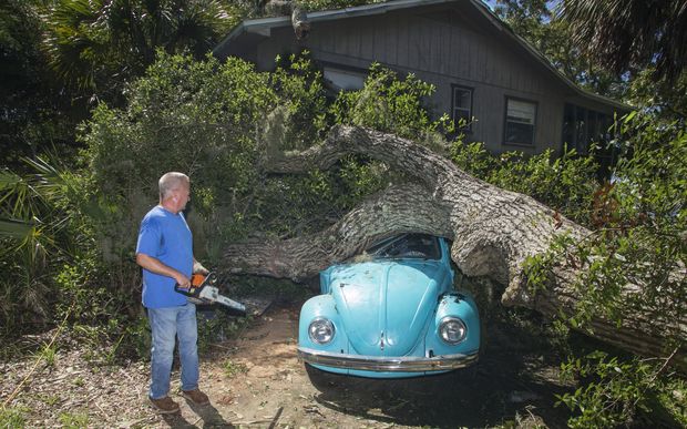Tom Reams looks over a tree on top of his 15 year old daughter's Volkswagen Beetle and house cause by the wind and storm surge from Hurricane Hermine at Alligator Point