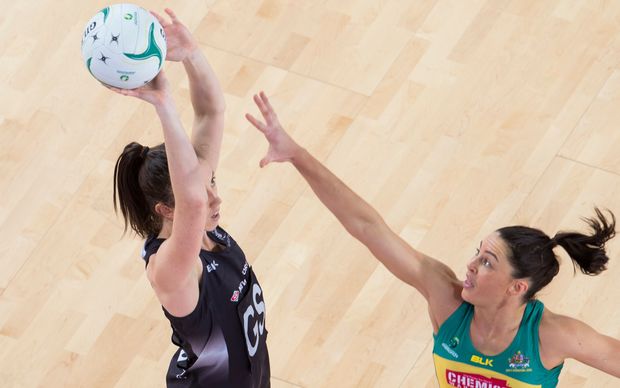 Silver Ferns shooter Bailey Mes in action against Australia 2016.