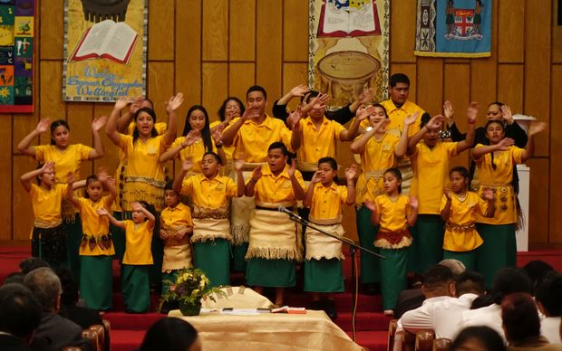 Tongan youth perform an item at the Po lotu marking the start of Tongan Language Week.