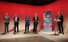 Auckland mayoral candidates, from left, Mark Thomas, John Palino, Vic Crone and Phil Goff, with RNZ presenter Guyon Espiner.