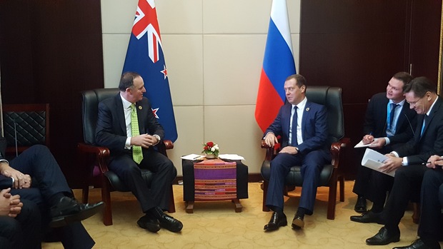 Prime Minister John Key meets with Russian Prime Minister Dmitry Medvedev at the East Asia Summit in Laos.