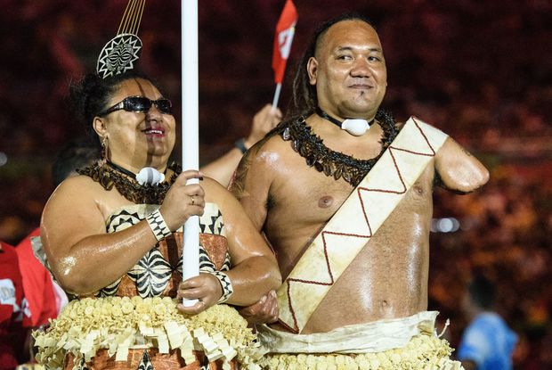Tonga's Ana Talakai and Sione Manu during the Rio Paralympic Games Opening Ceremony.