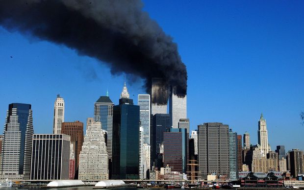 The Twin Towers burn on September 11, 2001.
