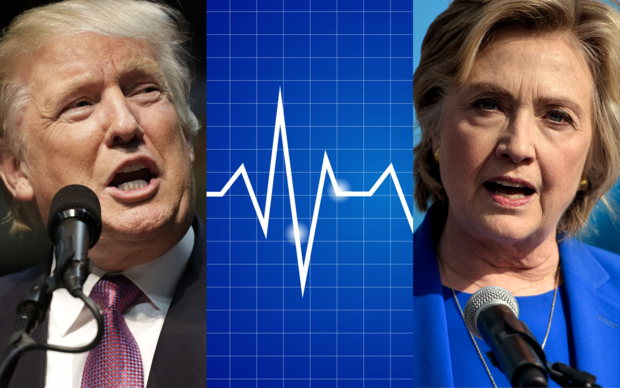 Donald Trump, left, and Hillary Clinton - with a heart monitor graph in the centre