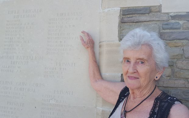 Shirley Field at the memorial where her great-uncle Sidney's name has been carved.