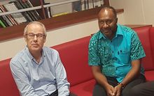 France's Ambassador to Vanuatu, Alain Duboispean (L), Charlot Salwai (R) Vanuatu's Prime Minister.