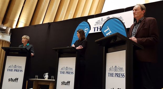 From left, Lianne Dalziel, debate moderator Christchurch Press editor Jo Norris and John Minto.