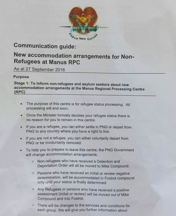 The notice about new accommodation for men on the illegal detention centre on Manus Island.