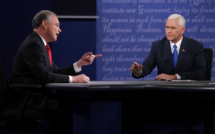 Democrat Tim Kaine (left) argues with republican Mike Pence at the only 2016 vice-presidential debate.