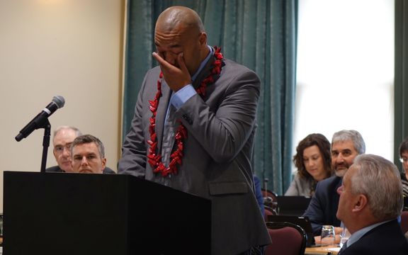 An emotional moment during Efeso Collins' maiden speech to council on Wednesday.