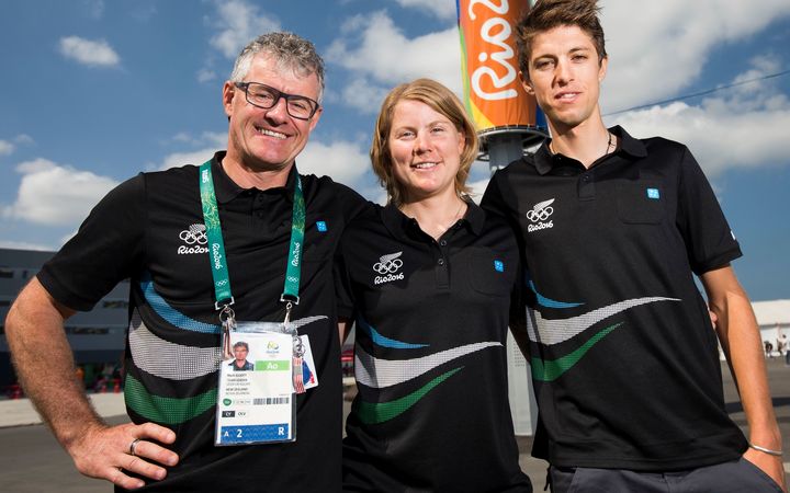 Mark Elliott and road cyclists Linda Villumsen and George Bennett at the Rio Oympics.