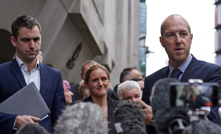 From left, Brendan Cox, the widower of murdered Labour MP Jo Cox, her sister Kim Leadbeater and Detective Superintendent Nick Wallen of West Yorkshire Police after the sentencing.