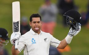Ross Taylor celebrates his 16th test century.