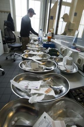 Staff at the Schielestrasse centre, the first legally sanctioned drug consumption centre in the world, preparing tools for drug consumption for clients. 