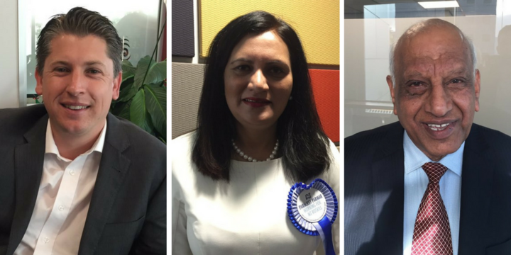 Labour Party candidate, Michael Wood; list MP for National, Parmjeet Parmar; and the leader of the New Zealand People's Party, Roshan Nauhria.
