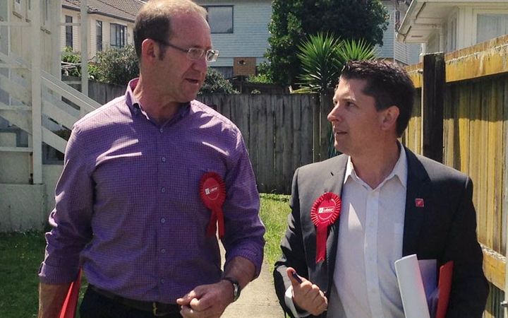 Labour candidate Michael Wood (right) on the campaign trail with leader Andrew Little.
