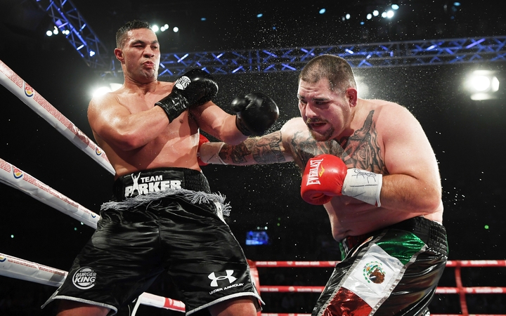Joseph Parker (left) and Andy Ruiz fight it out for the WBO world heavyweight title.