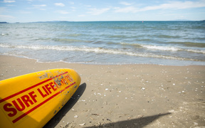 A surf lifesaving board sitting on the beach