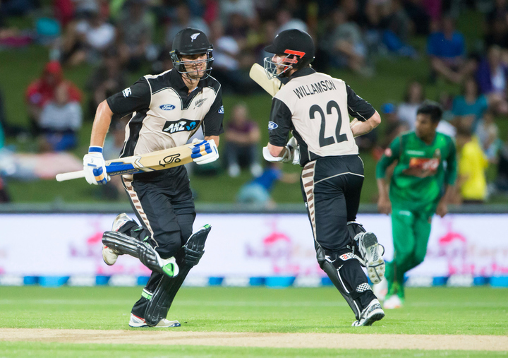 New Zealand's Tom Bruce, left, in action batting against Bangladesh in Napier. 