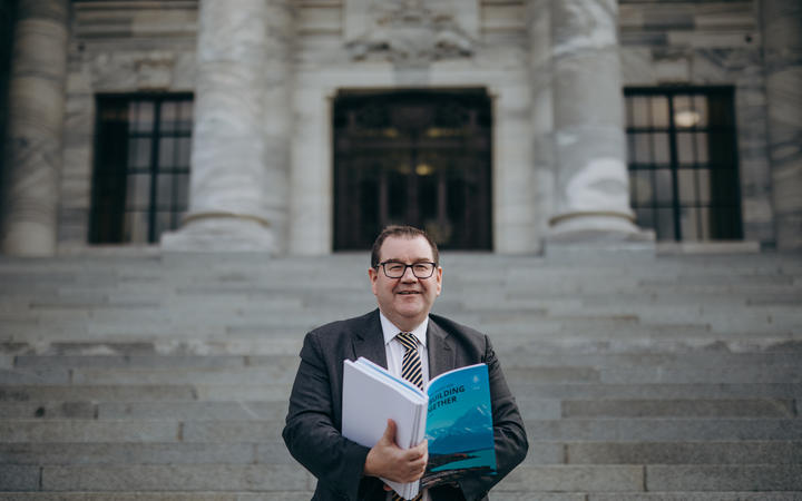 Grant Robertson holding the Budget 2020 ahead of its release.