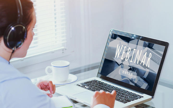 Woman watching webinar online on computer, business education concept, coaching.