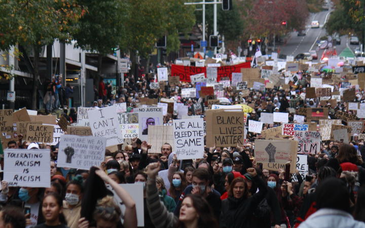 Protesters on Queen Street, Auckland, during the George Floyd / Black Lives Matter Auckland march on 1 June.
