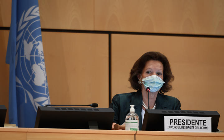The president of the Human Rights Council, Austrian Ambassador Elisabeth Tichy-Fisslberger, wearing a protective face mask during a UN Human Rights Council session on June 15, 2020 in Geneva. 