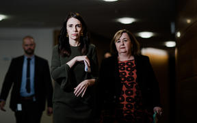 Prime Minister Jacinda Ardern and Housing Minister Megan Woods arrive at a post-Cabinet media briefing.  22/06/20