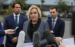 National Party leader Judith Collins and justice spokesperson Simon Bridges, left, announcing the party's law and order policy on Tuesday 11 August. 