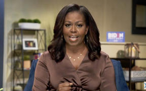 An image from the online broadcast of the Democratic National Convention, with former First Lady Michelle Obama speaking during the opening night. 
