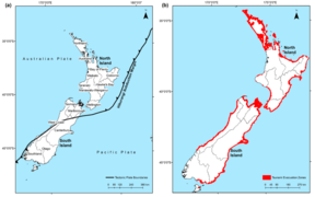 (a) New Zealand regional authority boundaries and (b) coastline coverage with mapped tsunami evacuation zones.