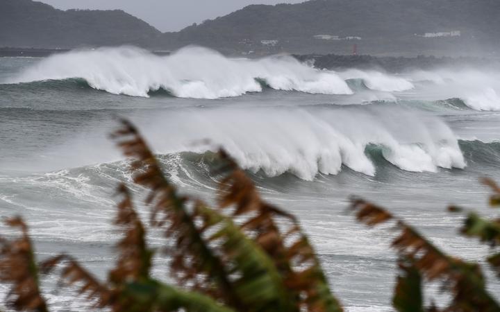 Waves crash on the coast as Typhoon Haishen approaches in Makurazaki, Kagoshima prefecture on September 6, 2020.